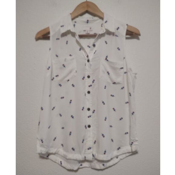 SO Tops - So Women's Small White Popsicle Print Button Front Semi Sheer Sleeveless Top